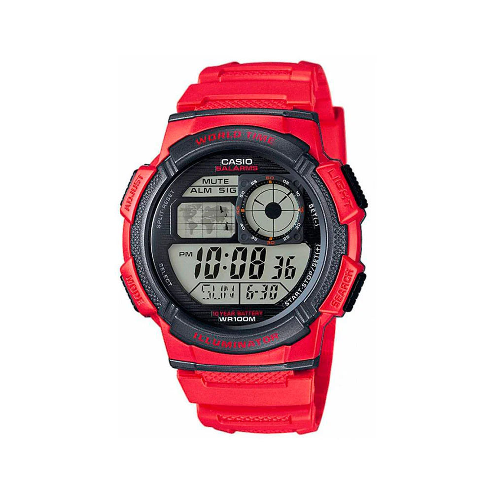 RELOJ CASIO VINTAGE AE 1000W 4AVDF WORLD TIME ROJO GOODTIME.CL