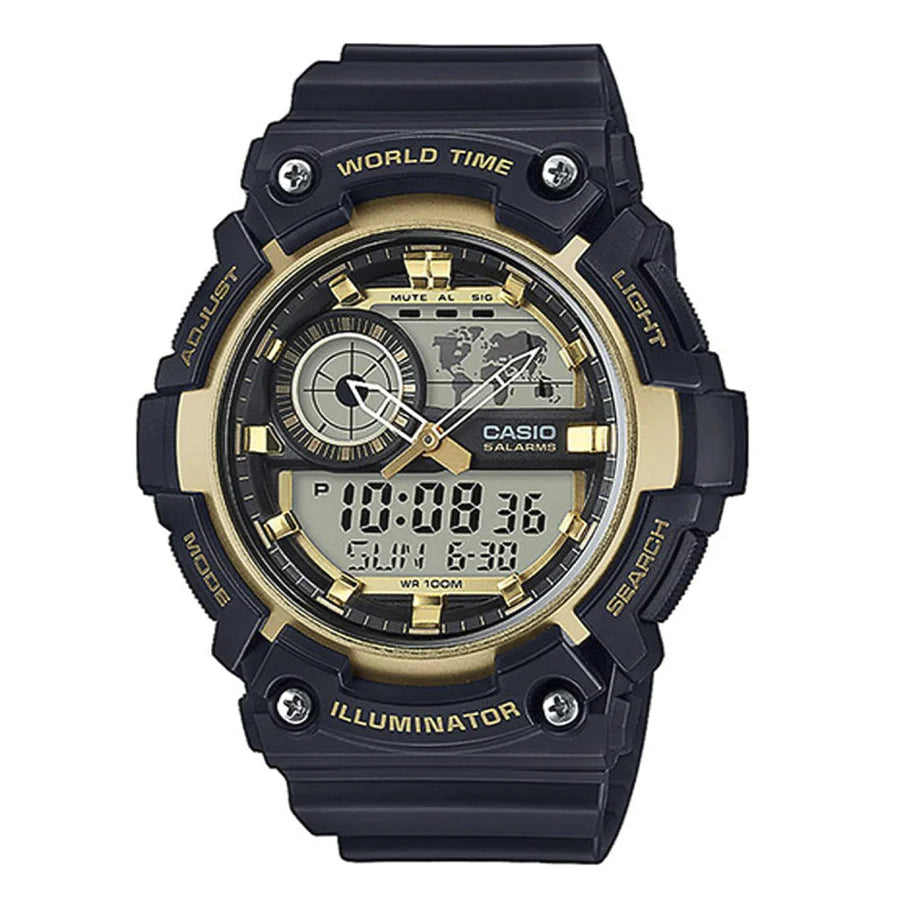 RELOJ CASIO VINTAGE AEQ 200W 9AVDF NEGRO DORADO ANALOGO DIGITAL GOODTIME.CL