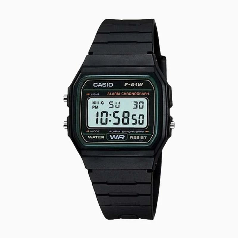 RELOJ CASIO VINTAGE F 91W 3DG NEGRO LINEA VERDE GOODTIME.CL