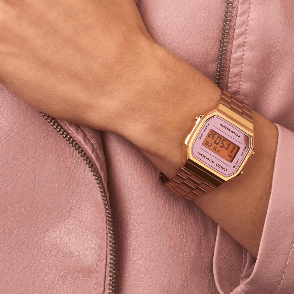 RELOJ CASIO VINTAGE A168WECM 5DF DORADO ROSADO GOODTIME.CL